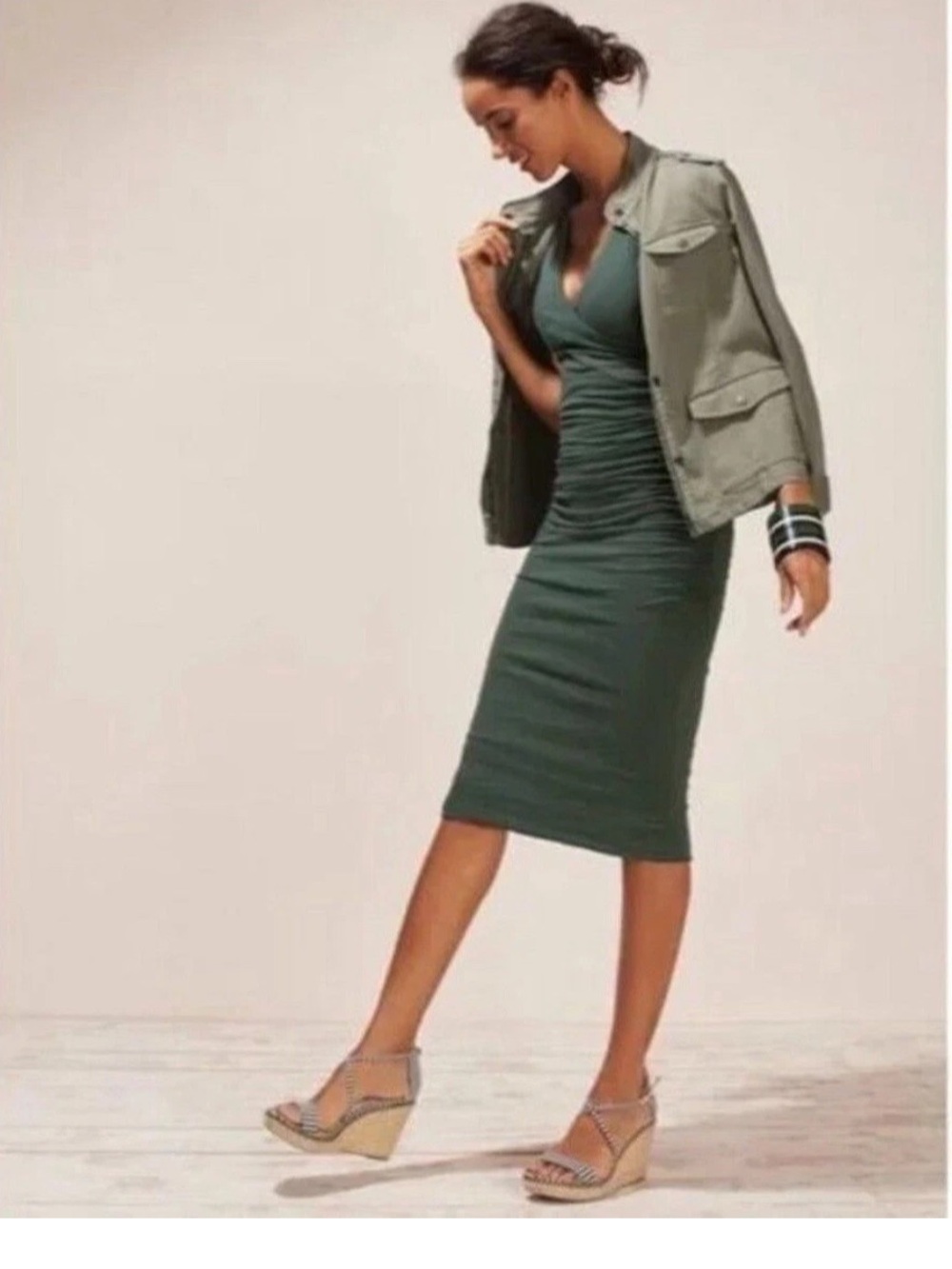 Boden Crossover Bodycon Dress Green Ruched Size 6